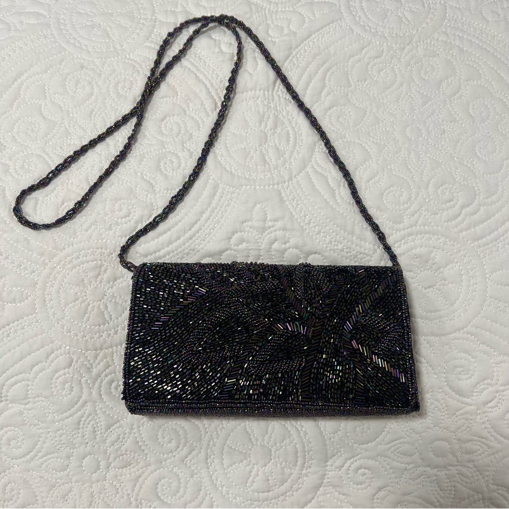 VTG Black Iridescent Beaded Evening Bag Clutch/Crossbody Purse 90s multi color